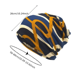 Abstract knit beanie scarf for women with blue and yellow patterns in thick winter wool