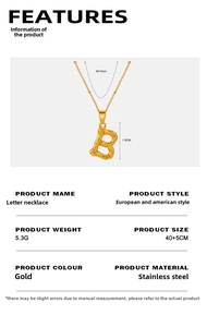 Détail du collier pendentif lettre B doré avec texture bambou et spécifications techniques