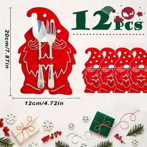 Set di 12 portaposate natalizi in feltro rosso a forma di gnomo per decorazioni tavola