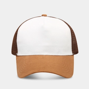 Detail of suede brim and mesh panel on a classic three-color outdoor trucker hat