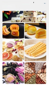 Macro detail of various snacks including mooncakes and dried fruits for packaging use
