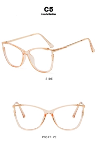 Detail view of transparent cat eye glasses frames in champagne color showing front and side