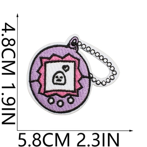 Detail view of purple electronic pet embroidered patch with precise size measurements