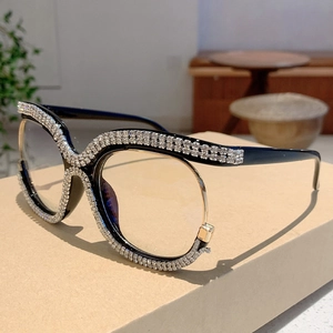 Fashionable oversized owl style glasses with dual-row rhinestones on black frames