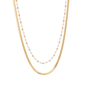 Collana a doppio strato in acciaio inossidabile con catena a spina di pesce oro e perle