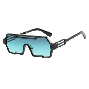 Futuristic punk style oversized shield sunglasses with black frame and blue-green gradient lens