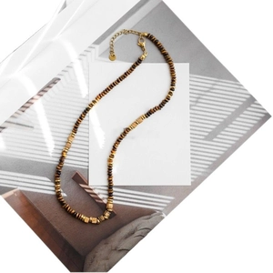 Tiger eye stone beaded necklace with square gold spacers and lobster clasp
