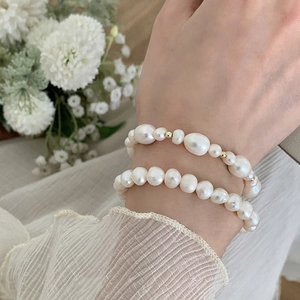 Double-layer natural freshwater pearl bracelet set with baroque pearls and gold beads