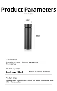 Smart 500ml vacuum flask dimensions 6.5x23cm with 304 stainless steel and LED display
