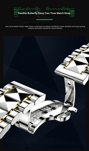 Macro shot of two-tone stainless steel watch band with secure butterfly deployment clasp