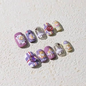 Detailed set of 10 handmade press-on nails featuring cute cartoon dogs and 3D mirror accents