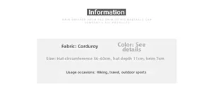 Detailed size chart for corduroy baseball cap with dimensions and fabric specifications
