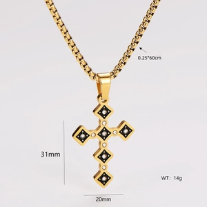 Detail of 18k gold plated cross pendant with black checkered pattern and crystals