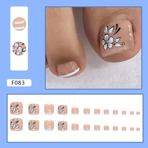 F083 White French Ink Floral Press-on Toenails with Gold Beads 24pcs Set