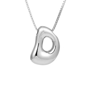 Detailed view of silver organic irregular pendant on a delicate stainless steel box chain