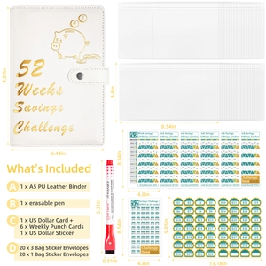 Detailed set layout showing A5 binder dimensions with savings envelopes and marker