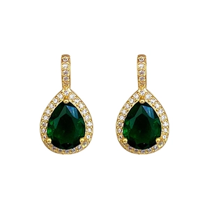 Elegant gold-plated teardrop earrings set with emerald green zircon and halo stones