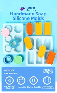 Detailed view of sky blue food-grade silicone soap molds in various shapes with samples