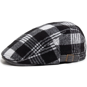 Classic British plaid wool beret flat cap with vintage grey checks and metal side buckle
