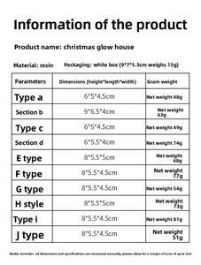 Size specifications chart for resin glowing Christmas house miniatures showing dimensions
