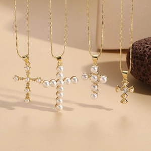 Cross Pendant Necklace With Copper Artificial Pearl And Zircon Elegant Religious Jewelry For Women Fashion Vintage Gold Plated