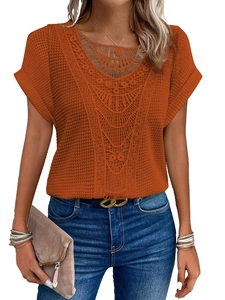 Close-up of caramel short-sleeve knit top with delicate lace crochet neckline detail