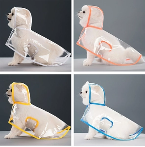 Close-up of transparent pet raincoat with colorful edges and snap buttons for small dogs