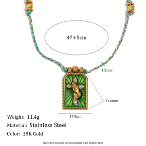 18K gold stainless steel necklace with green enamel praying hands pendant and braided cord