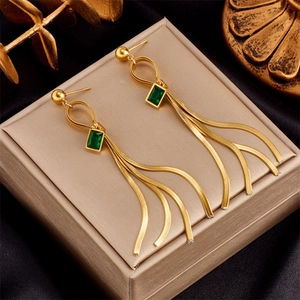 Long Tassel Dangle Earrings With Green Square Gemstone Stainless Steel Gold Plated Snake Chain Retro Elegant Women