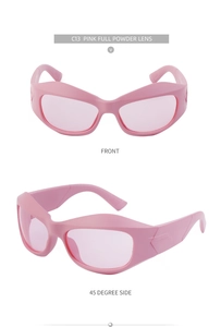 Detailed views of pink Y2K punk sports sunglasses from front and 45-degree angles