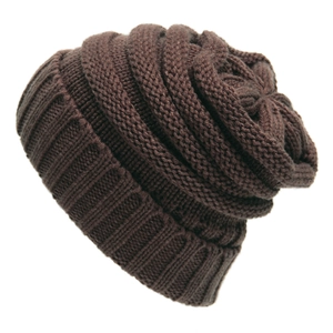 Detailed close-up of dark brown chunky knit beanie showing thick ribbed texture