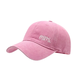 Pink washed cotton baseball cap with mimi embroidery and a soft top vintage design