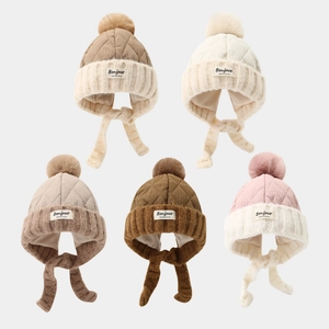 Kids Winter Earflap Hat Knit Quilted Warm Outdoor Windproof Pom Pom Beanie For Boys Girls Casual Labeled Tie Up