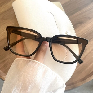 Modern thick-framed oversized sunglasses in dark brown with a white leather case