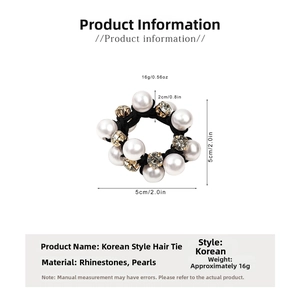 Detail view of pearl and rhinestone elastic hair tie with 5cm diameter measurement