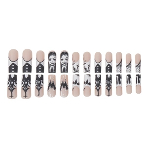 Halloween coffin press-on nails with cartoon gothic patterns and Wednesday Addams theme