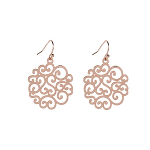 Elegant rose gold hollowed floral filigree earrings on a clean white background
