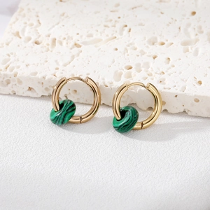 Polished gold stainless steel hoop earrings with malachite striped stone pendants