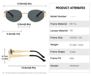 Detailed technical size chart for metal oval sunglasses showing dimensions and specifications