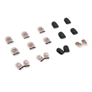 Short square black heart press on nails with elegant nude gradient and French tip design
