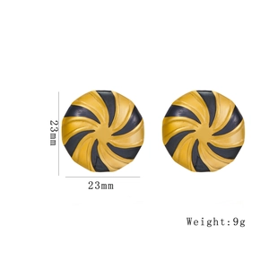 Golden 23mm circular swirl stud earrings with black oil drop finish and 9g weight