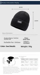 Size chart and dimensions for winter knitted beanie showing head circumference measurement