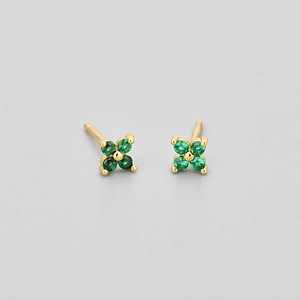 Elegant gold clover stud earrings with vibrant green round cut zircon stones for women