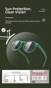 UV protection test report for green silicone kids sunglasses with zero UVA UVB transmittance