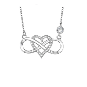 925 Sterling Silver infinity heart necklace with cubic zirconia accents on white background