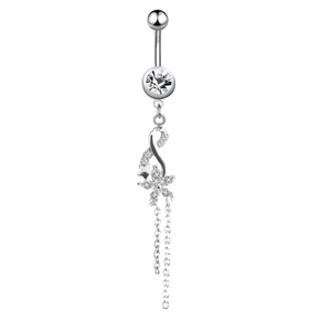Detail view of silver belly ring featuring zircon flower and star pendants with chain tassels