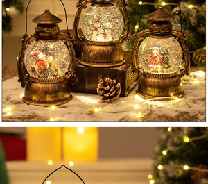 Close-up of Christmas lanterns with swirling snow, Santa and Snowman inside with warm lights