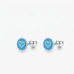 Boucles D Oreilles Puces Rondes En Émail Cœur Bleu Avec Tige En Argent Sterling 925 Pour Femmes Style Minimaliste