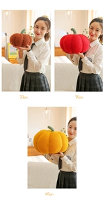 Three sizes of plush pumpkin pillows in brown, red, and yellow shown for size comparison