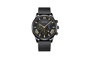 Detail of black mesh strap watch with moon phase display and Roman numeral dial